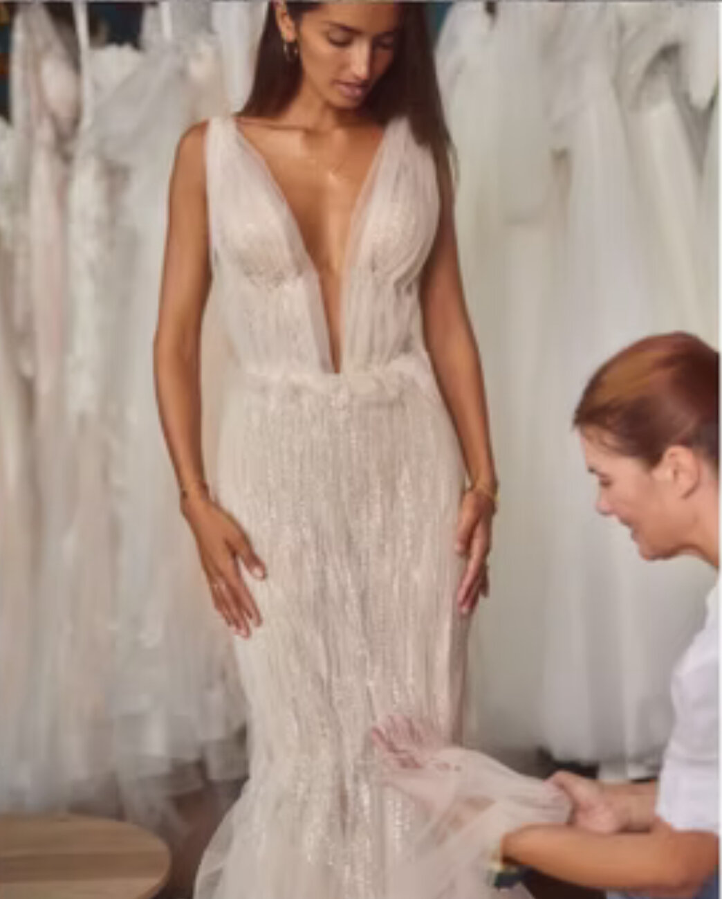 A blank gown fitting in the upstairs workroom