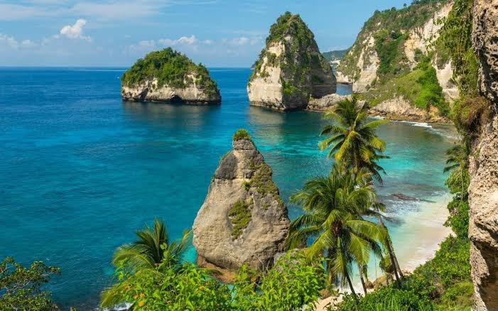 The cliff coastline of Nusa Penida from the water — sea stacks, palms, a small beach